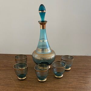 Vintage Bohemian Czech Aqua Gold Trim Glass Decsnter set w/ 5 Cordial Glasses
